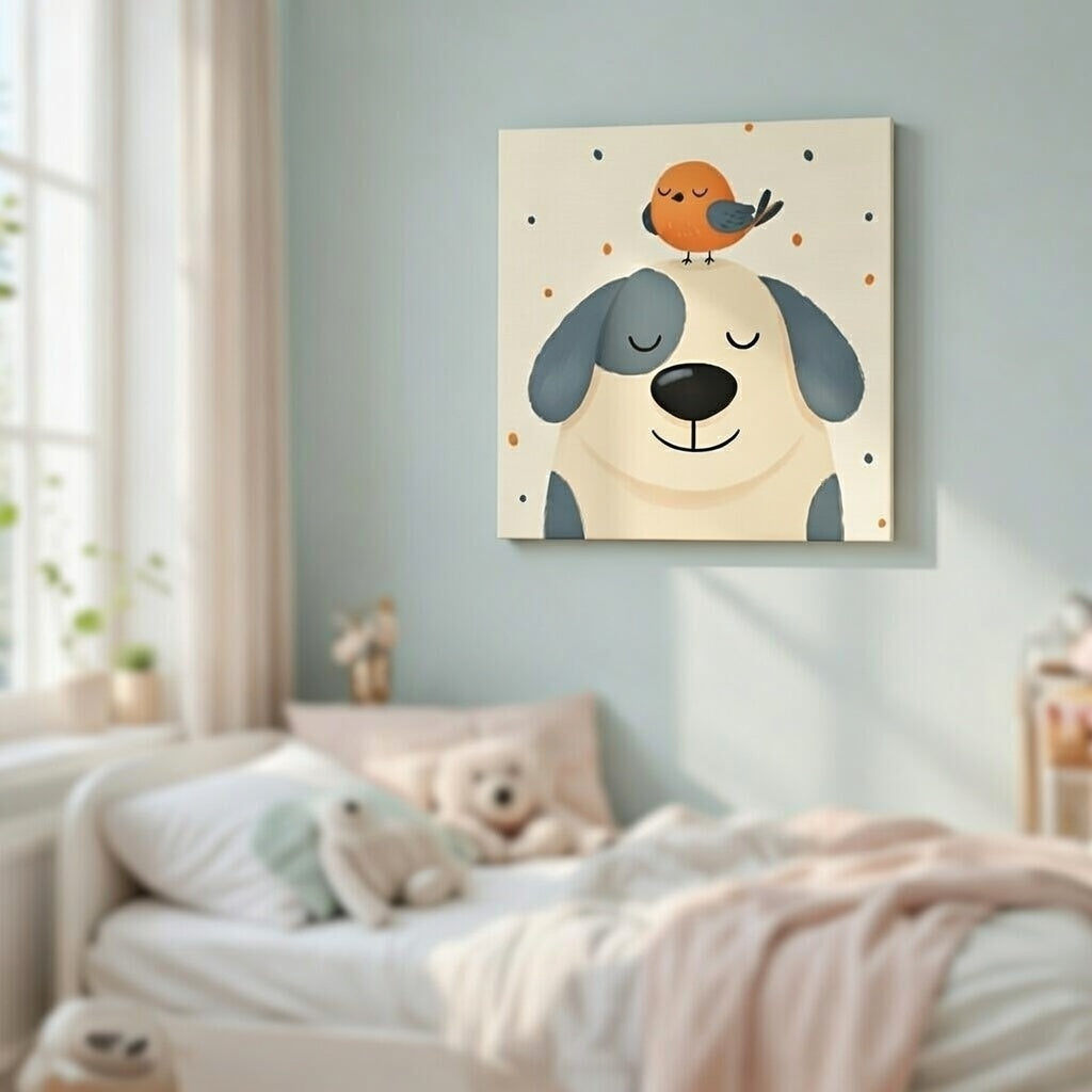 Toile Décoration Enfant - Douce Amitié (Chien & Oiseau)