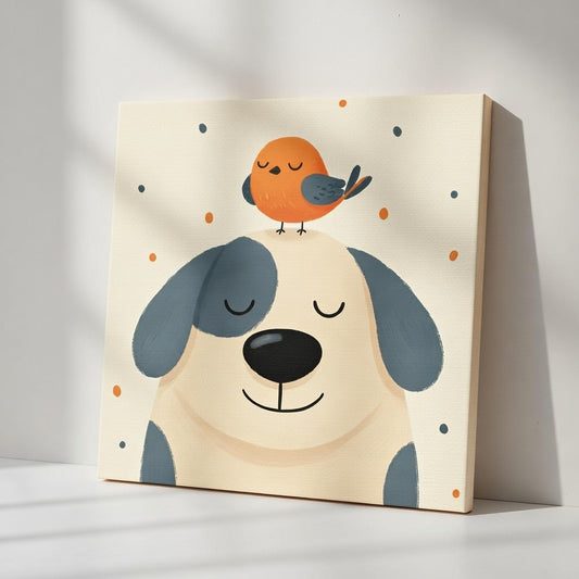 Toile Décoration Enfant - Douce Amitié (Chien & Oiseau)