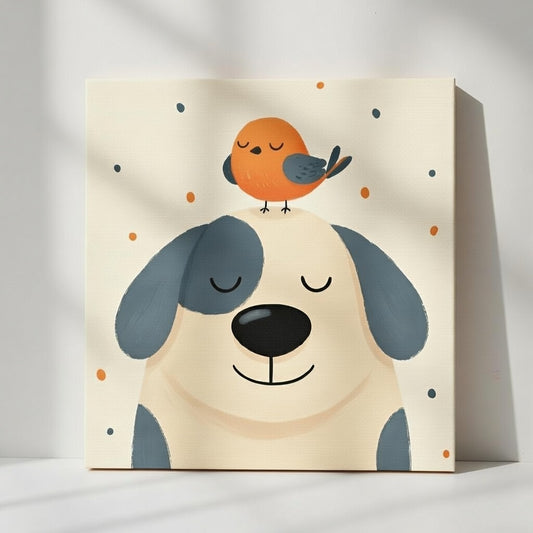 Toile Décoration Enfant - Douce Amitié (Chien & Oiseau)