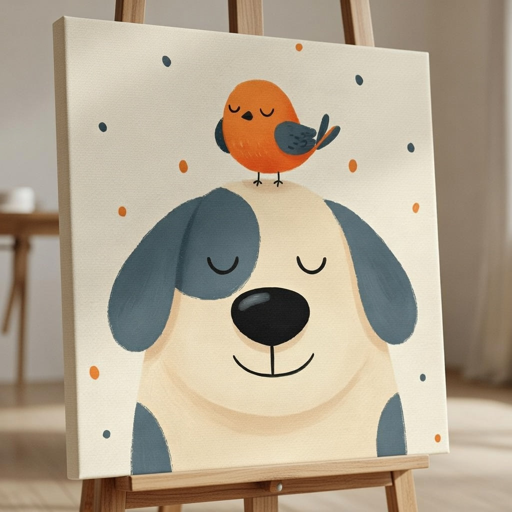 Toile Décoration Enfant - Douce Amitié (Chien & Oiseau)